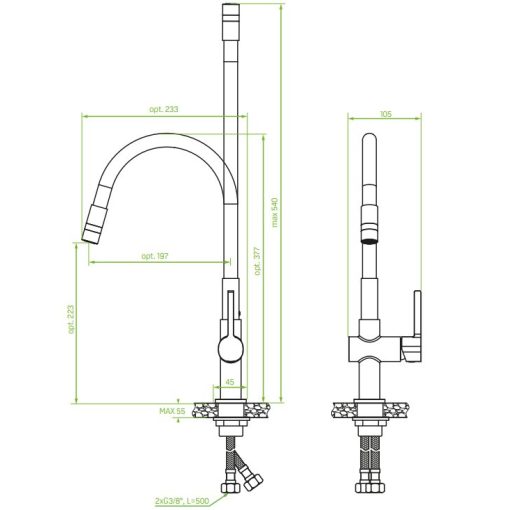 LAVEO ALITA szálcsiszolt inox / matt fekete kétfunkciós rugalmas tömlős csaptelep