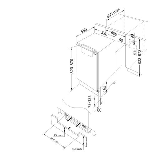 Kluge pult alá építhető hűtőszekrény felül fagyasztórekesszel 95L/16L