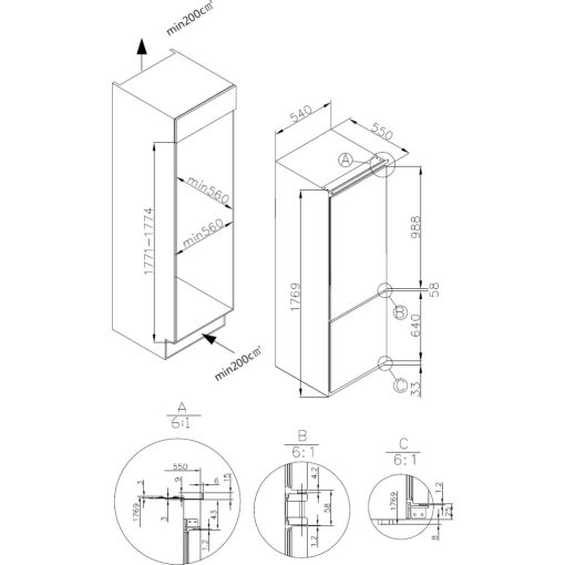 Kluge beépíthető kombi hűtőszekrény alul fagyasztóval, LessFrost 195/75