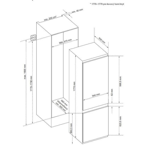 Kluge beépíthető kombi hűtőszekrény alul fagyasztóval, 181L/70L