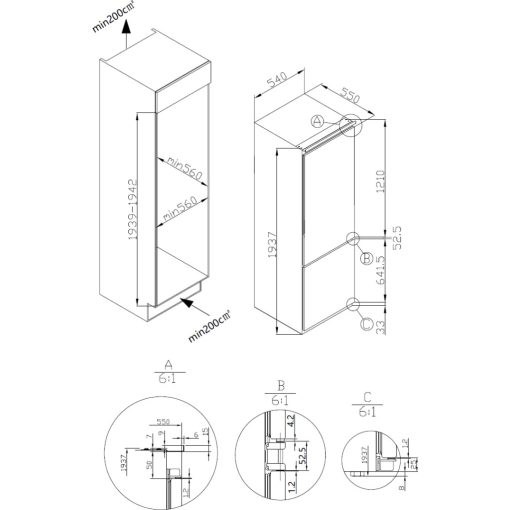 Kluge beépíthető kombi hűtőszekrény alul fagyasztóval, 225L/75L