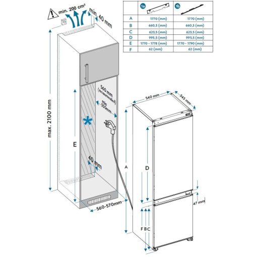Kluge beépíthető kombi hűtőszekrény alul fagyasztóval, DualNoFrost, 170L/63L
