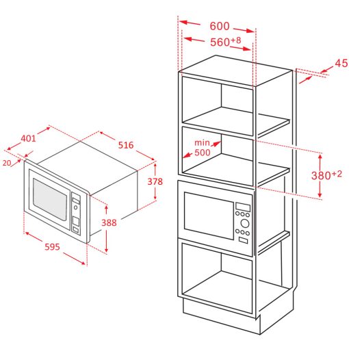 Kluge beépíthető mikrohullámú sütő grillel, 25L, fekete üveg