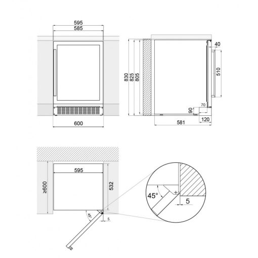 Pando PVZB-60-46XL borhűtő, pult alá szerelhető, inox, balos
