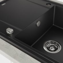 Laveo MEGALO csepptálcás matt fekete mosogató dugókiemelős helytakarékos szifonnal