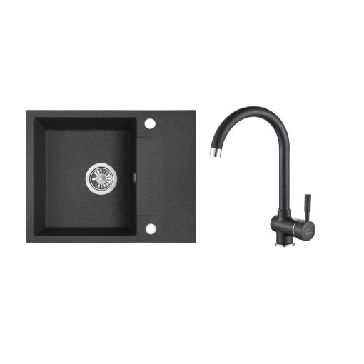 RIO MINI SZETT minicsepptálcás gránit fekete mosogató szifonnal, csappal 56x44x17,5 cm