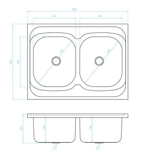 LAVEO LON 60 2M teletetős kétmedencés inox mosogató szifonnal K.