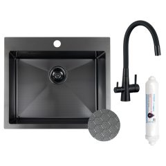   LAVEO MALAWI fekete színű, struktúrált felületű beépíthető inox mosogató szifonnal, RIVECO vízszűrős szettel, 50x58x20 cm