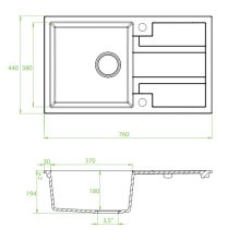 Laveo BARBADOS szemcsés fekete csepptálcás mosogató dugókiemelős helytakarékos szifonnal