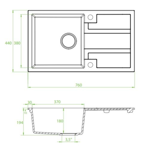 Laveo BARBADOS szemcsés fekete csepptálcás mosogató dugókiemelős helytakarékos szifonnal