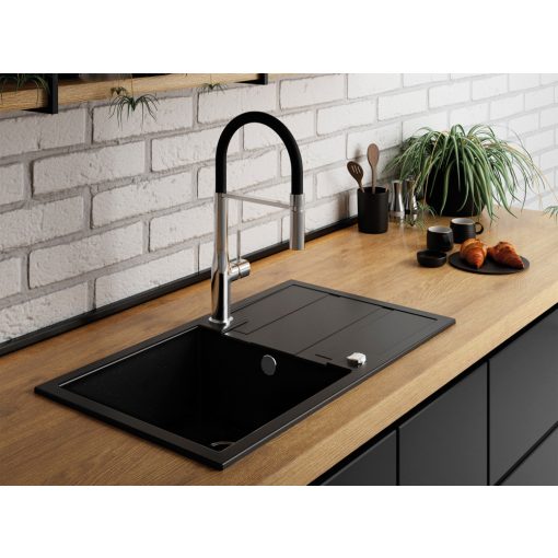 Laveo BARBADOS szemcsés fekete csepptálcás mosogató dugókiemelős helytakarékos szifonnal