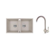 RIO 2M SZETT kétmedencés gránit bézs mosogató szifonnal, csappal, 80x44x18,6 cm