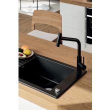 Laveo PIONIER minicsepptálcás szemcsés fekete mosogató automata dugókiemelős, helytakarékos szifonnal