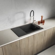 Laveo PIONIER minicsepptálcás szemcsés fekete mosogató automata dugókiemelős, helytakarékos szifonnal