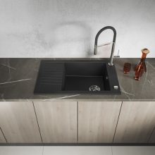 Laveo PIONIER minicsepptálcás szemcsés fekete mosogató automata dugókiemelős, helytakarékos szifonnal