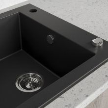 Laveo PIONIER minicsepptálcás szemcsés fekete mosogató automata dugókiemelős, helytakarékos szifonnal