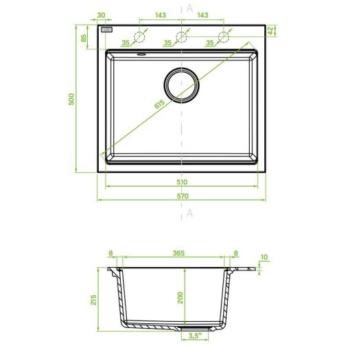 RIO 6 egymedencés gránit bézs mosogató szifonnal, 57x50x21,5 cm