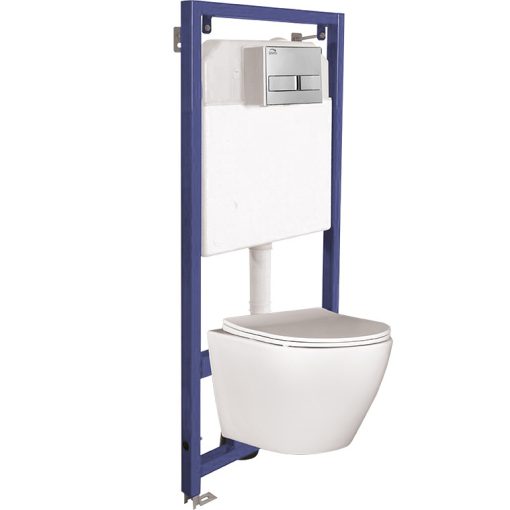 LAVEO AKAN / DESNA WC-szett rejtett fali tartállyal, króm öblítővel, fali WC-vel, keskeny ülőkével