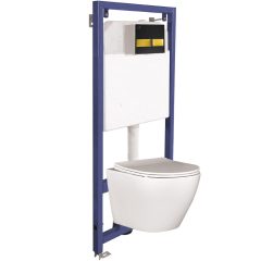   LAVEO AKAN / DESNA WC-szett rejtett fali tartállyal, arany/fekete öblítővel, fali WC-vel, keskeny ülőkével