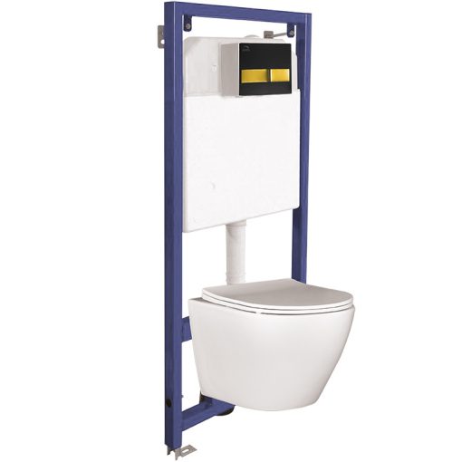 LAVEO AKAN / DESNA WC-szett rejtett fali tartállyal, arany/fekete öblítővel, fali WC-vel, keskeny ülőkével